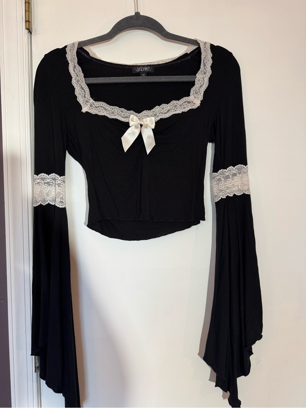 Willow Gothic Black Bell Sleeve Top with Ivory Lace & Satin Bow
